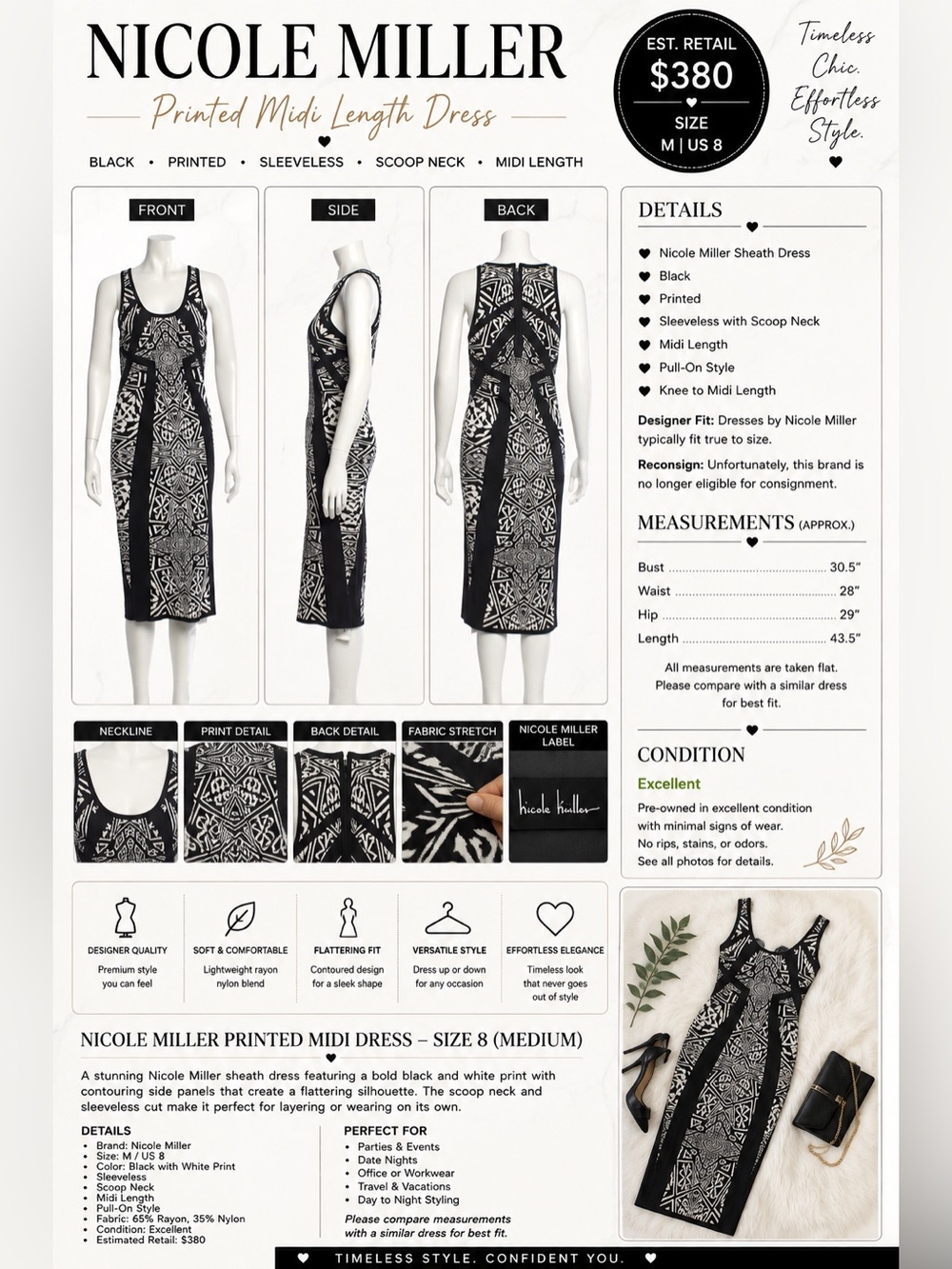 Nicole Miller Printed Midi Sheath Dress – Black/White – Size M / 8